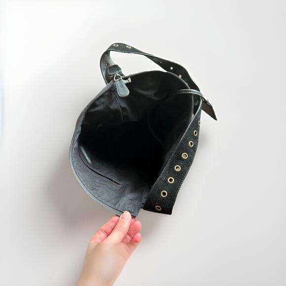 Y2K Nine West Black Leather Iron Cross Stitched Gold Studded Hobo Grunge Bag - Picture 4 of 9